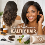 African American woman with healthy, shiny hair shown in two styles — long wavy brunette and sleek short bob — surrounded by professional hair care products, scissors, hair oil, and satin sleep accessories. Text overlay reads ‘Low‑Maintenance Healthy Hair,’ representing the importance of professional care and healthy hair for lasting, versatile styles.