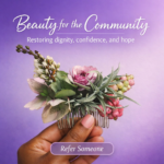 Woman of color holding a floral hair comb against a purple background for Beauty for the Community.
